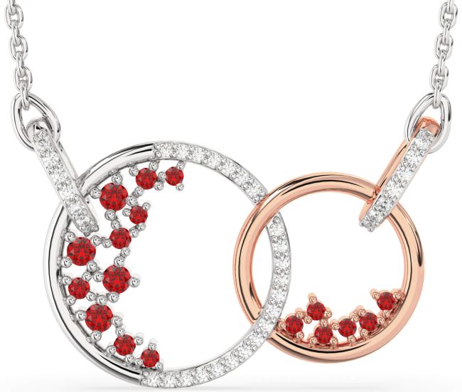 Large Diamond Ruby Rose Gold Silver Circle Interlock Necklace
