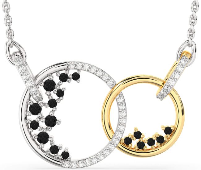 Large Black Diamond Gold Silver Circle Interlock Necklace