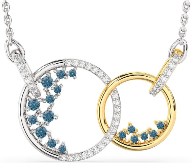 Large Blue Diamond Gold Silver Circle Interlock Necklace