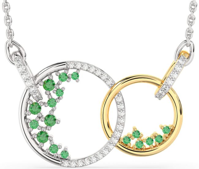 Large Diamond Emerald Gold Silver Circle Interlock Necklace