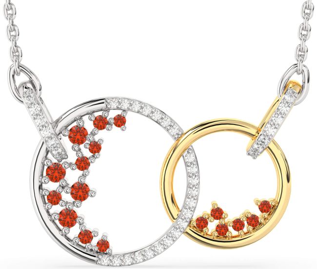 Large Diamond Fire Opal Gold Silver Circle Interlock Necklace
