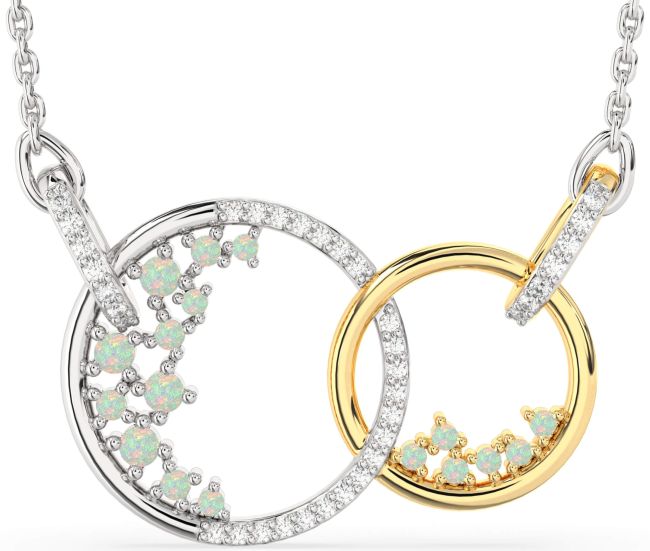 Large Diamond Opal Gold Silver Circle Interlock Necklace