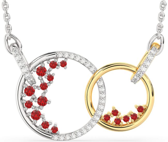 Large Diamond Ruby Silver & 10K gold Circle Interlock Necklace