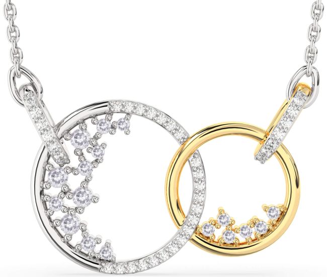 Large Salt & Pepper Diamond Gold Silver Circle Interlock Necklace