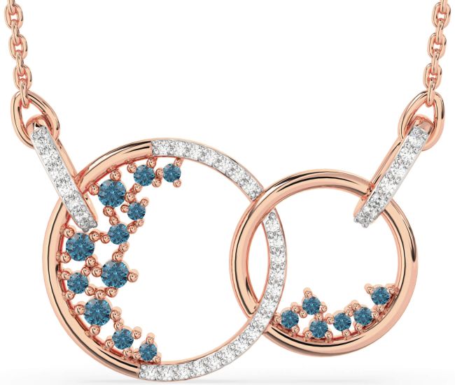 Large Blue Diamond Rose Gold Silver Circle Interlock Necklace