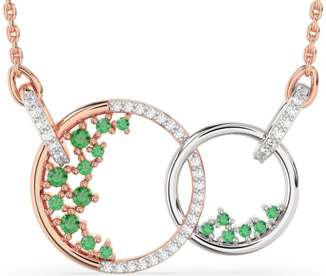 Large Diamond Emerald Rose Gold Silver Circle Interlock Necklace