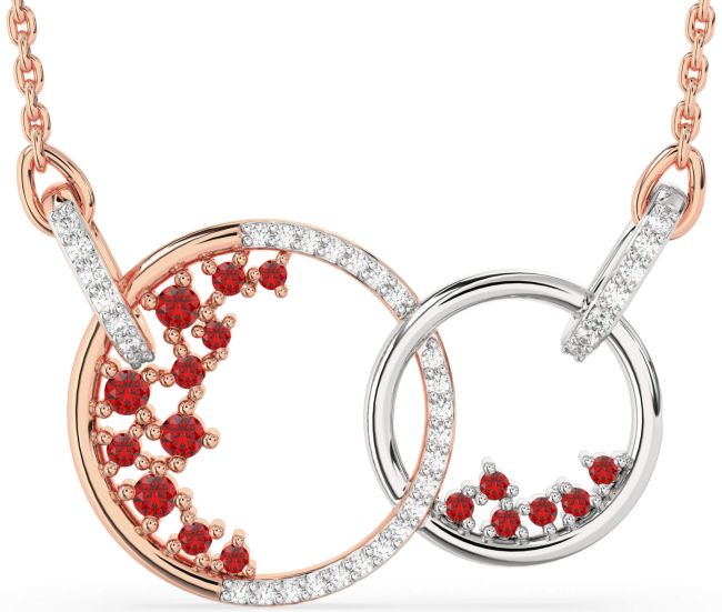 Large Diamond Ruby Rose Gold Silver Circle Interlock Necklace