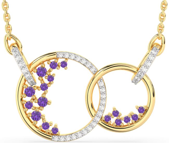 Large Diamond Amethyst Gold Silver Circle Interlock Necklace