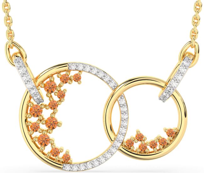 Large Diamond Citrine Gold Silver Circle Interlock Necklace