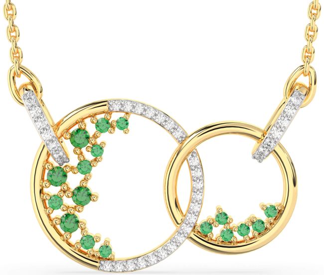 Large Diamond Emerald Gold Circle Interlock Necklace