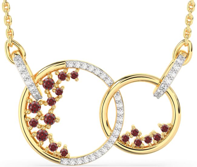 Large Diamond Garnet Gold Circle Interlock Necklace