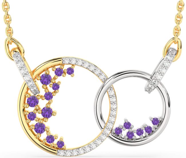 Large Diamond Amethyst Gold Silver Circle Interlock Necklace