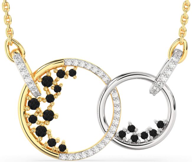 Large Black Diamond Gold Silver Circle Interlock Necklace