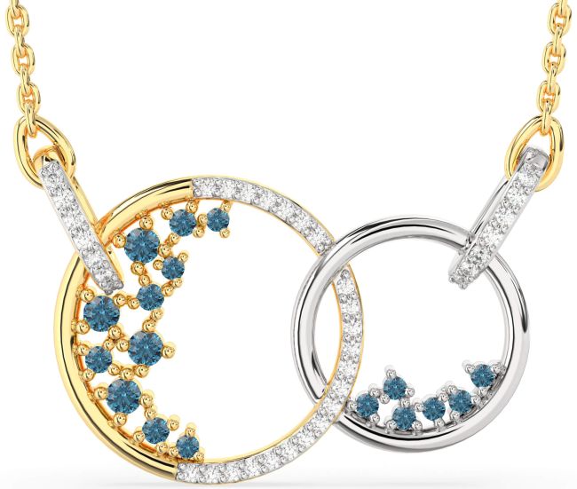 Large Blue Diamond Gold Silver Circle Interlock Necklace