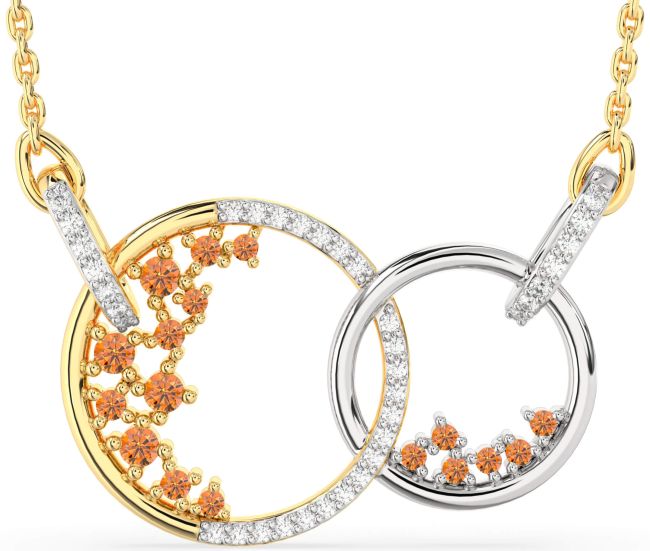 Large Diamond Citrine Gold Silver Circle Interlock Necklace