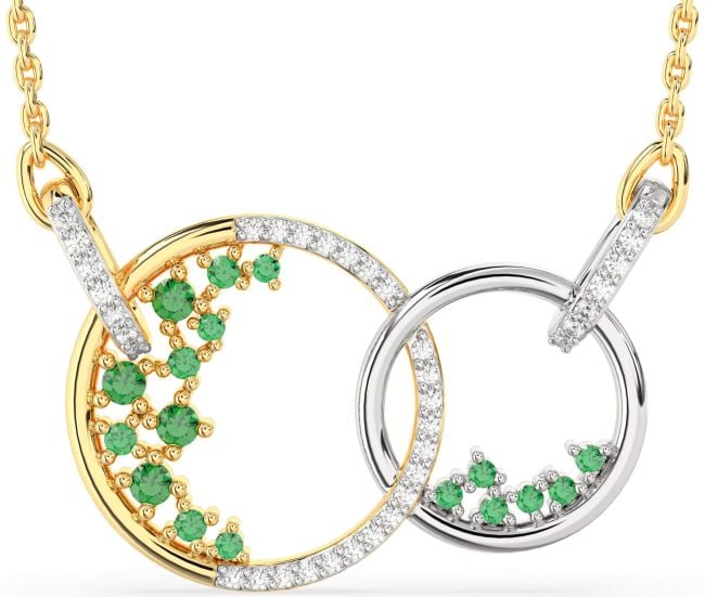 Large Diamond Emerald Gold Silver Circle Interlock Necklace