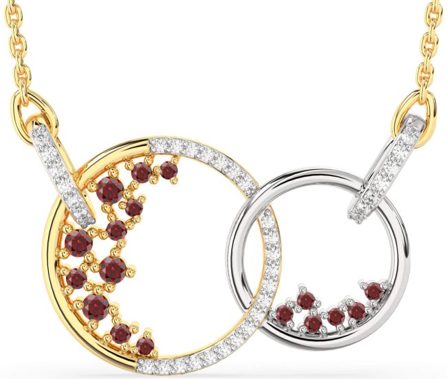 Large Diamond Garnet Gold Silver Circle Interlock Necklace