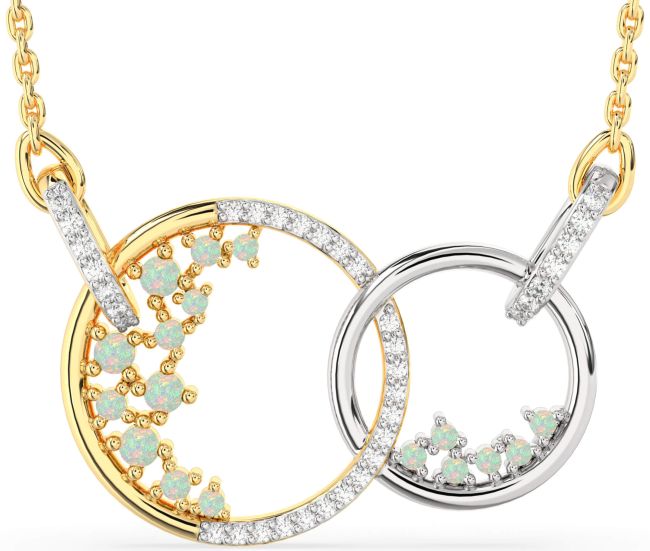 Large Diamond Opal Gold Silver Circle Interlock Necklace