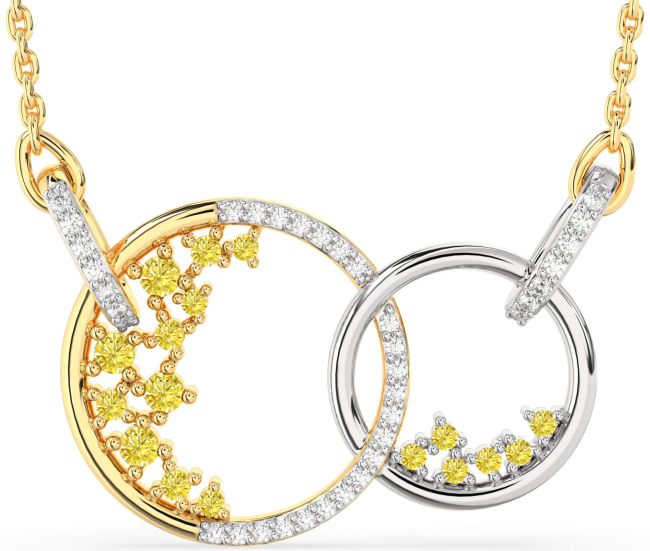 Large Yellow Diamond Gold Silver Circle Interlock Necklace