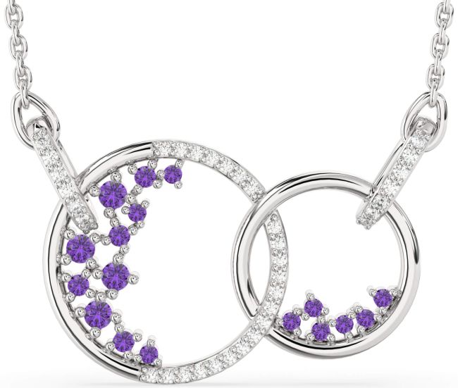 Large Diamond Amethyst Silver Circle Interlock Necklace