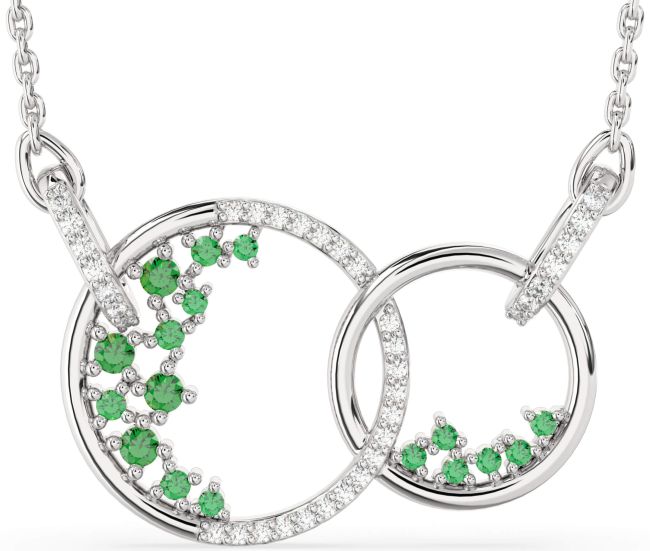 Large Diamond Emerald Silver Circle Interlock Necklace