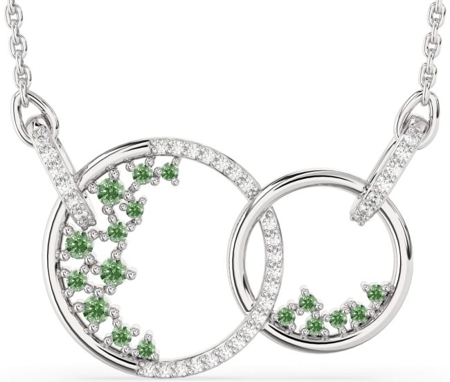 Large Green Diamond Silver Circle Interlock Necklace