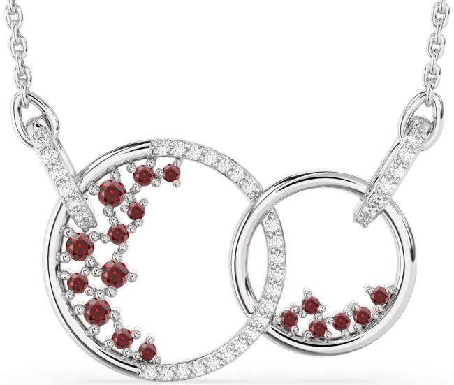 Large Diamond Garnet Silver Circle Interlock Necklace