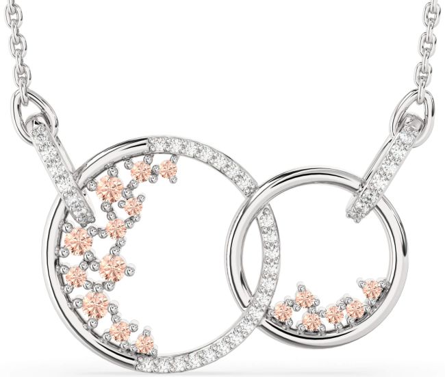 Large Diamond Morganite Silver Circle Interlock Necklace