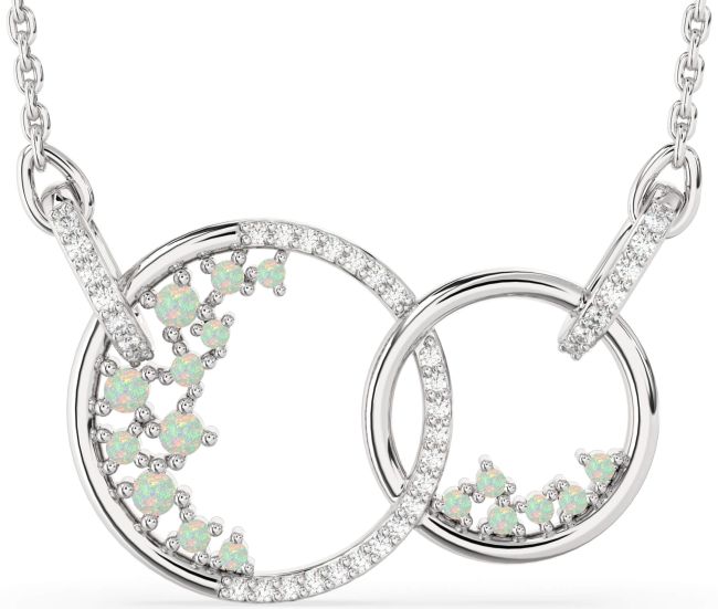 Large Diamond Opal Silver Circle Interlock Necklace