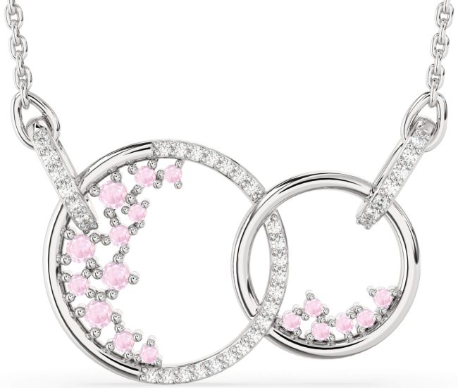 Large Diamond Rose Quartz Silver Circle Interlock Necklace