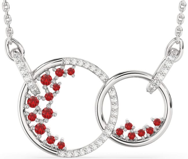 Large Diamond Ruby Silver Circle Interlock Necklace