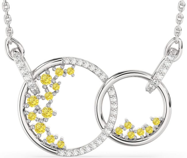Large Yellow Diamond Silver Circle Interlock Necklace