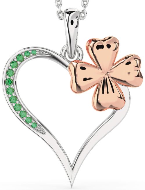 Large Emerald Rose Gold Silver Heart Clover Necklace
