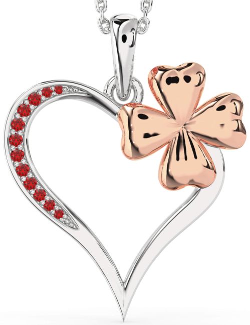 Large Ruby Rose Gold Silver Heart Clover Necklace