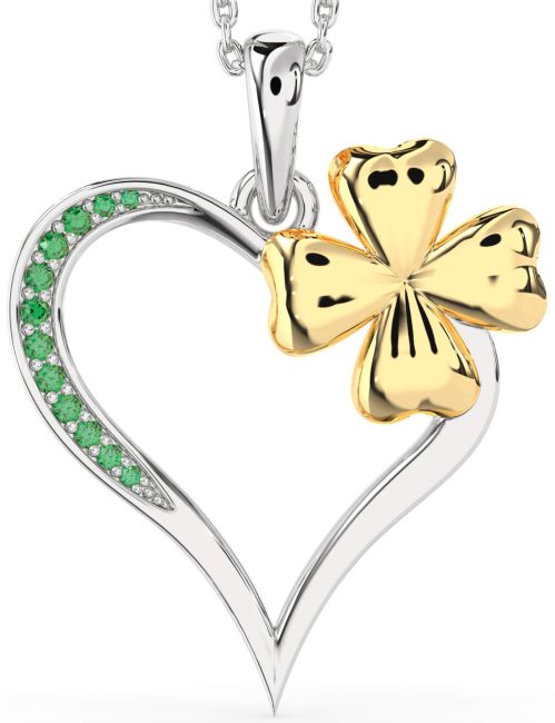 Large Emerald Gold Silver Heart Clover Necklace