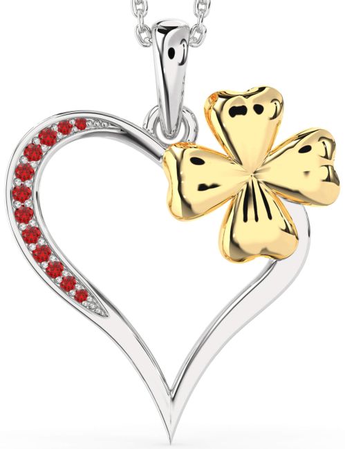 Large Ruby Gold Silver Heart Clover Necklace