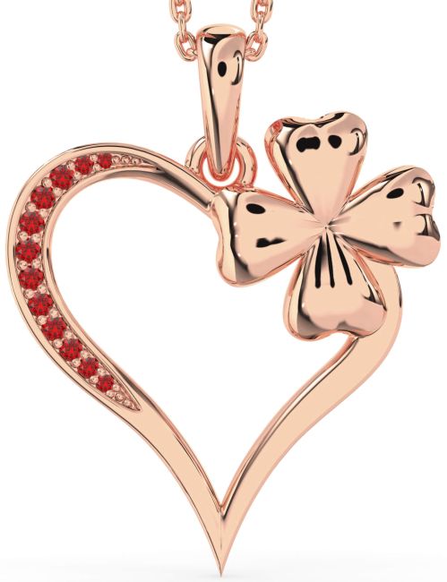 Large Ruby Rose Gold Heart Clover Necklace