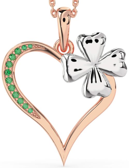 Large Emerald Rose Gold Silver Heart Clover Necklace