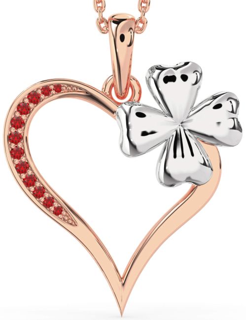 Large Ruby Rose Gold Silver Heart Clover Necklace
