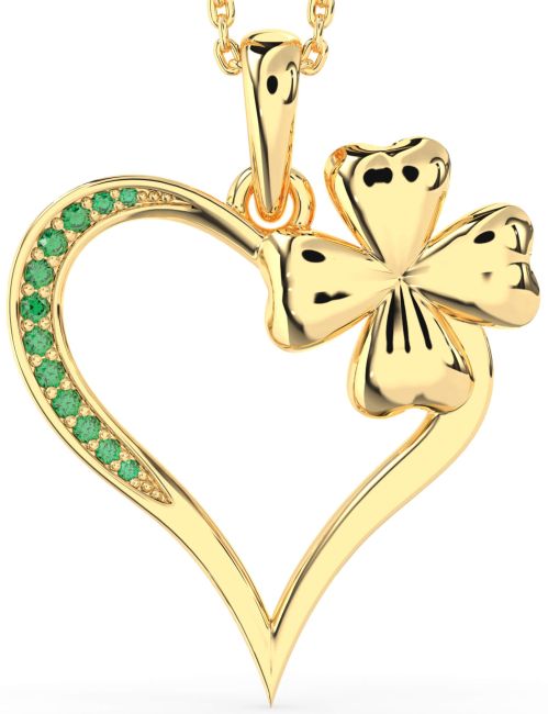 Large Emerald Gold Heart Clover Necklace
