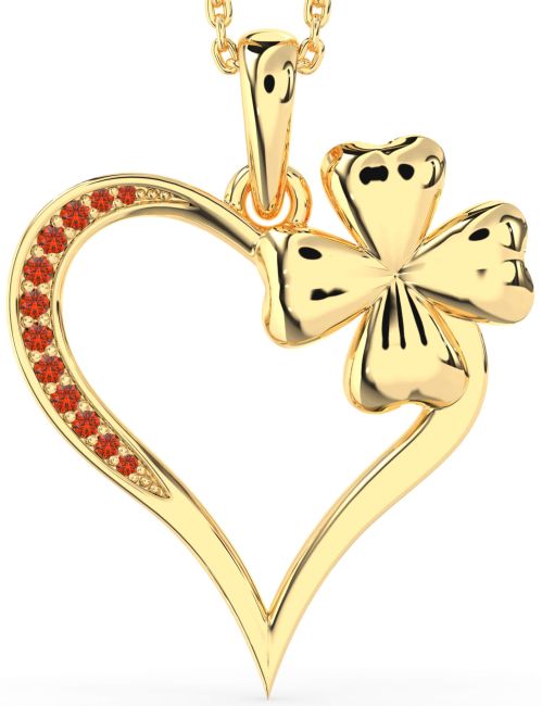 Large Fire Opal Gold Heart Clover Necklace