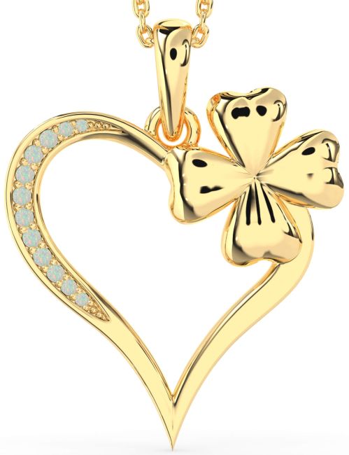 Large Opal Gold Heart Clover Necklace