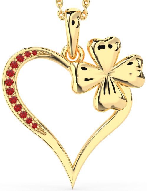 Large Ruby Gold Silver Heart Clover Necklace