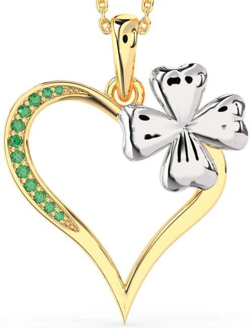 Large Emerald Gold Silver Heart Clover Necklace