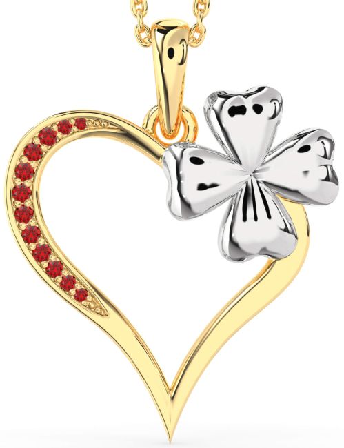Large Ruby Gold Silver Heart Clover Necklace