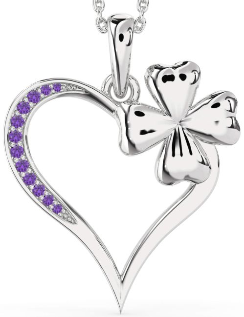 Large Amethyst Silver Heart Clover Necklace