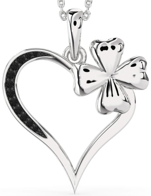 Large Black Diamond Silver Heart Clover Necklace