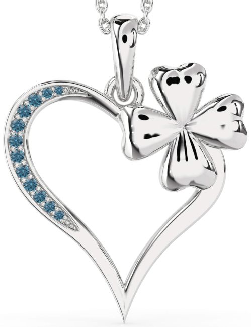 Large Blue Diamond Silver Heart Clover Necklace