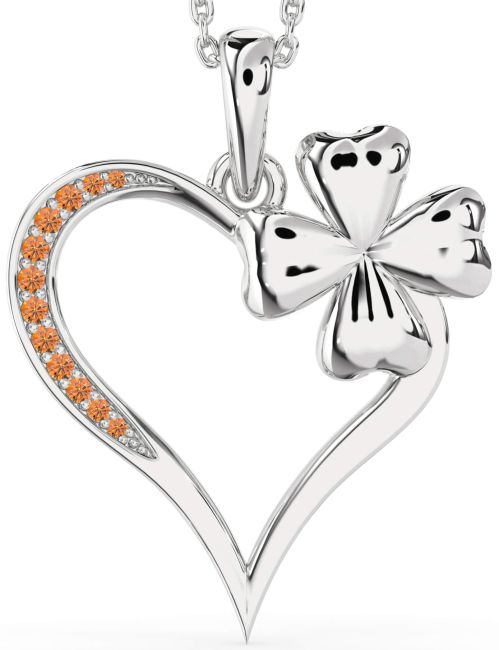 Large Citrine Silver Heart Clover Necklace