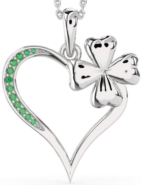 Large Emerald Silver Heart Clover Necklace